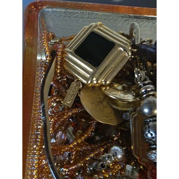 Mystery Jewelry Jar in Jeanette Amberina Glass Dish With Lid Red Yellow Pedestal - Picture 4 of 8